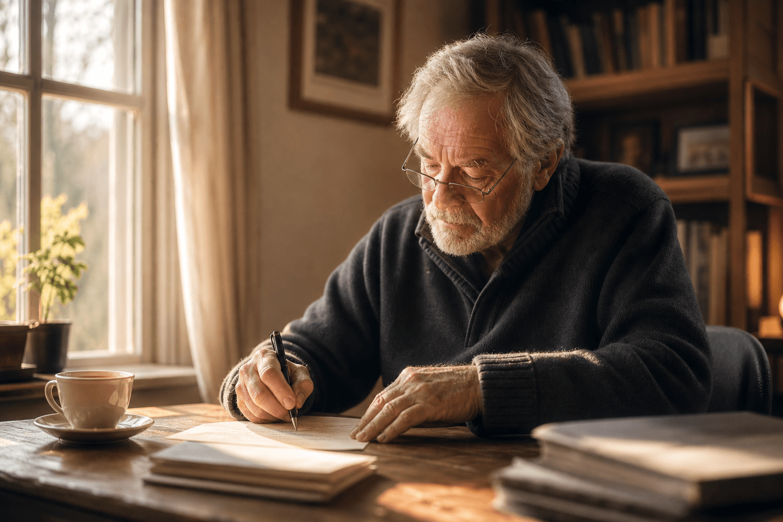 An older man writing thoughtfully at a wooden desk by a sunlit window, a cup of tea nearby — peaceful legacy planning