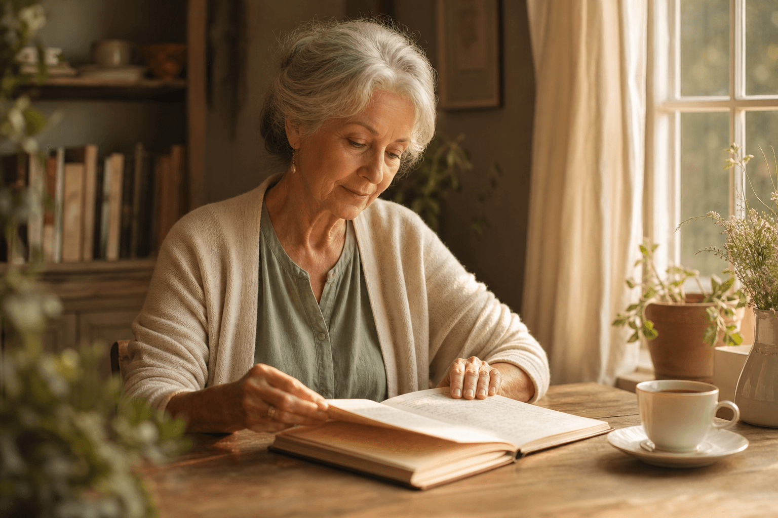 Older woman gently leafing through a handwritten notebook at a wooden table