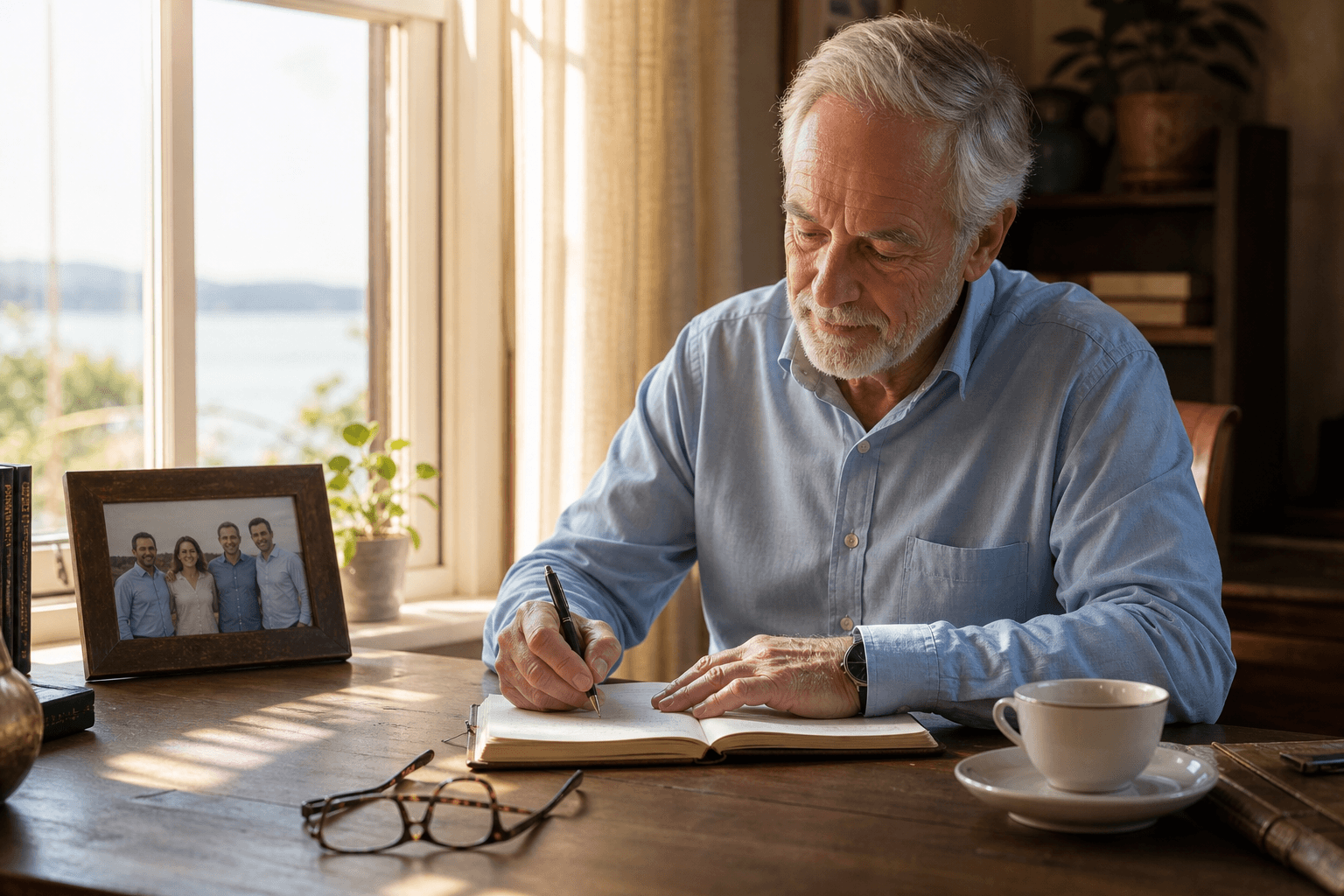 An elderly man writes thoughtfully in a journal at a sunny window, a cup of tea and framed family photograph on the desk beside him